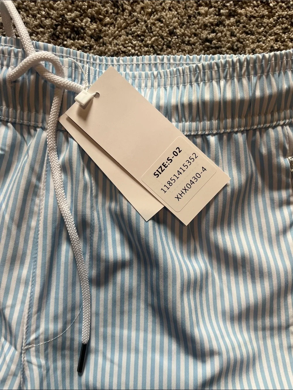 Men's Light Blue & White Striped Swim Trunks with Drawstring